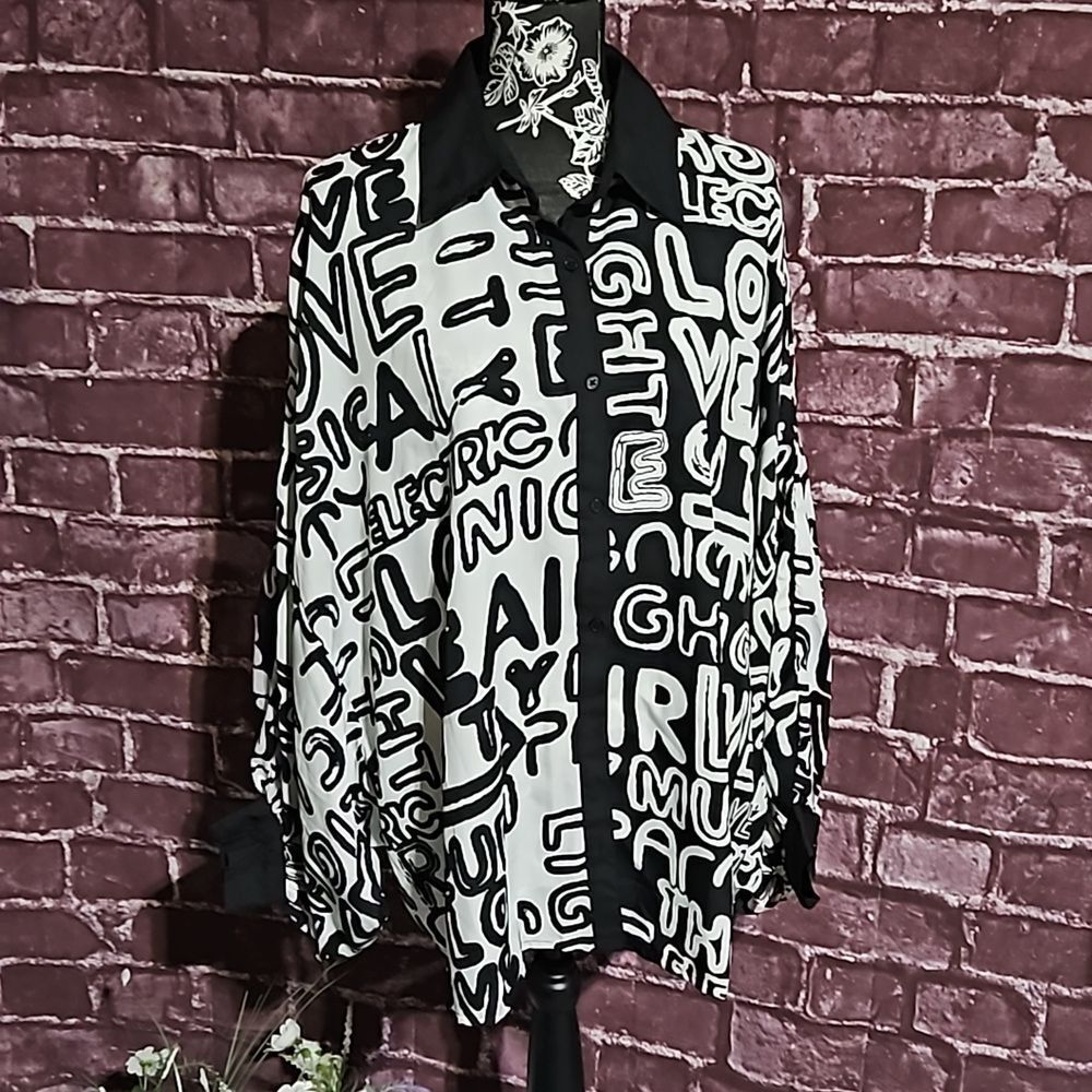 Live for Truth Black & White Graffiti Balloon Sleeve Blouse CLEARANCE